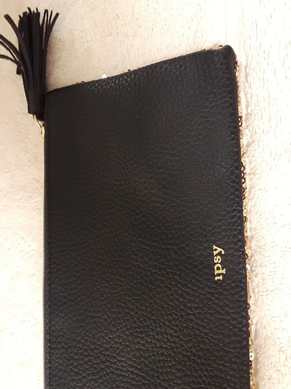 Set of 2 Ipsy Metallic Cosmetic Bags: Gold Sequin Black Tassel & Silver Aqua